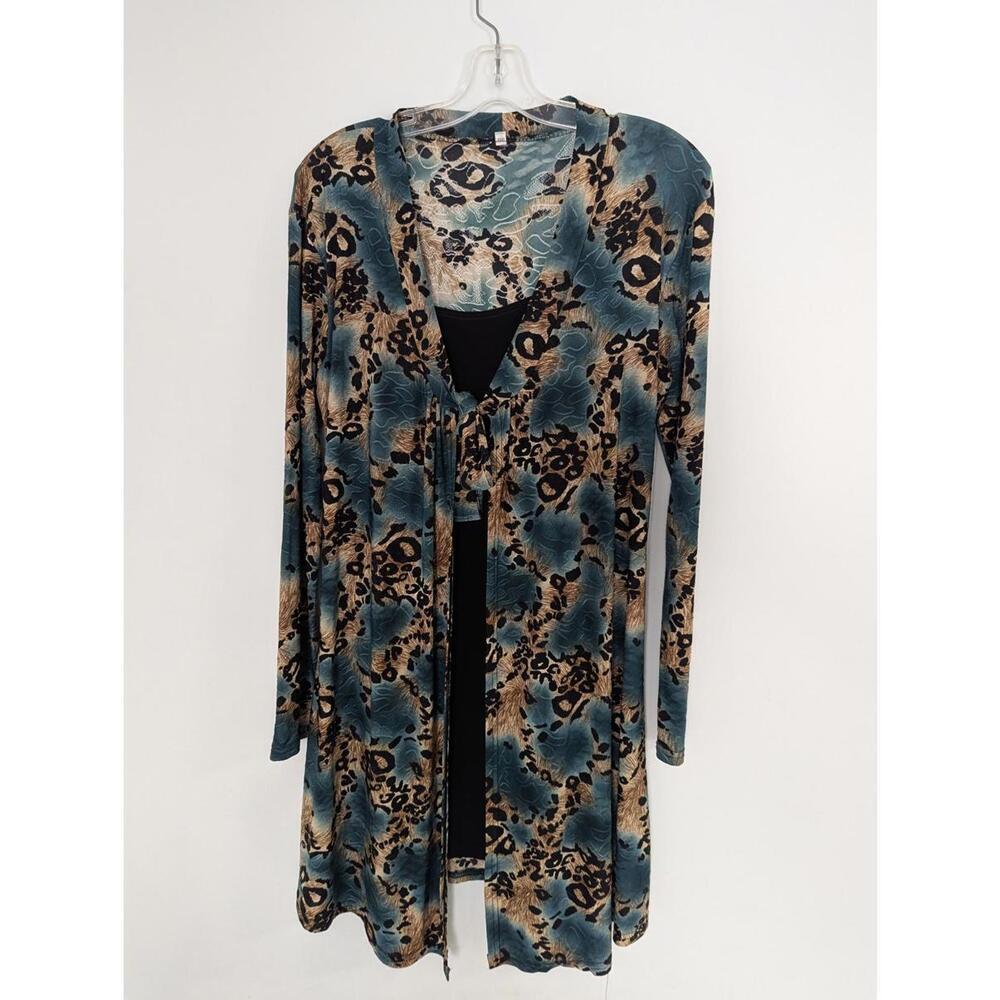 Plus Size 3XL Blue Tan Black Abstract Animal Print Open Front Cardigan